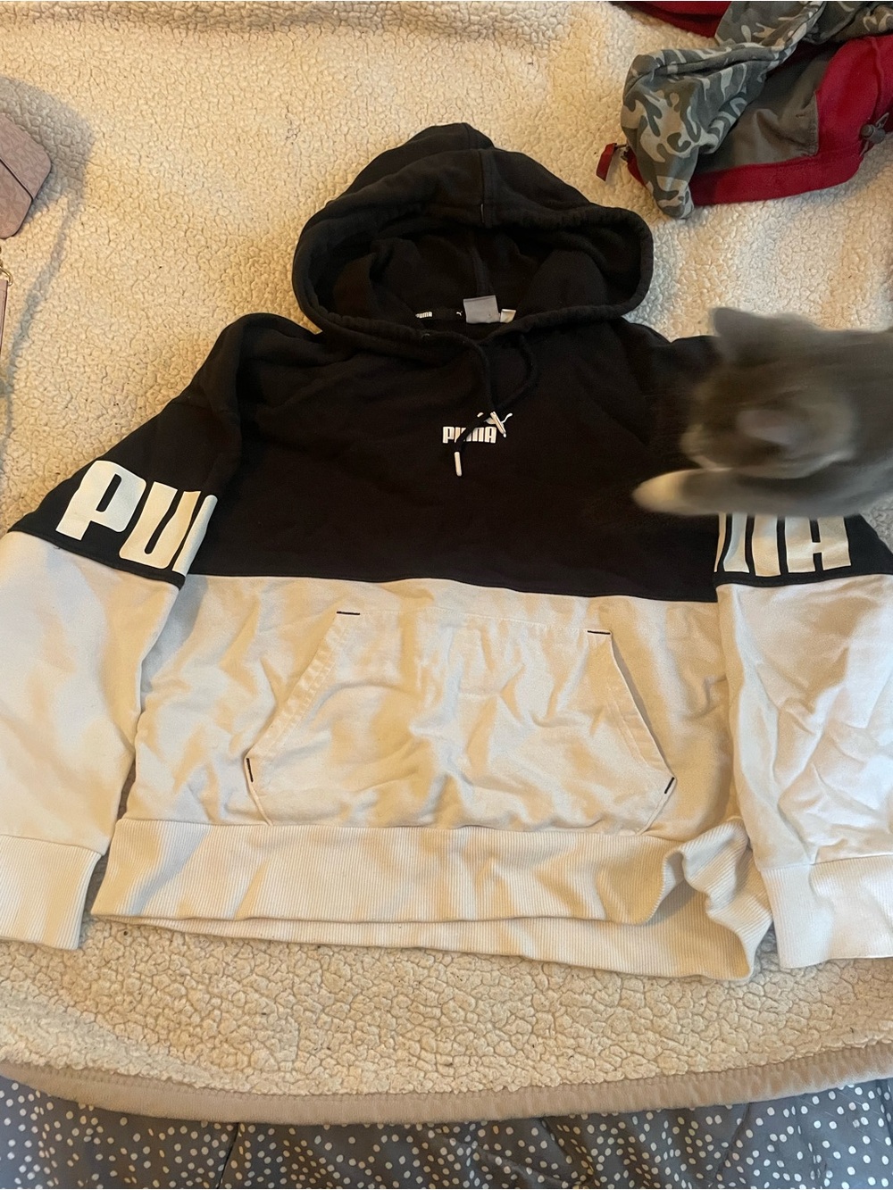 Puma Women’s Black and Cream Colorblock Crewneck Sweatshirt